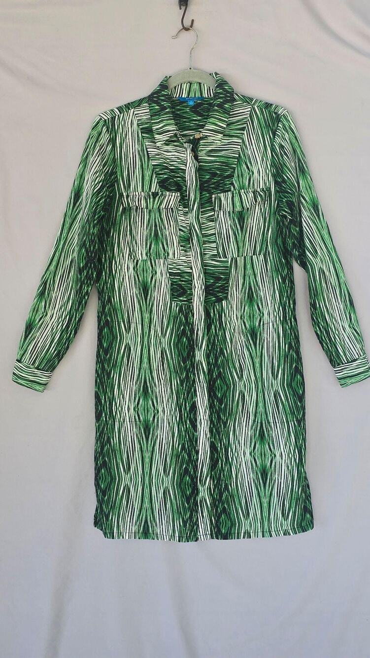 Derek Lam For DesigNation Shirt Dress Womens Medium Green Woodgrain 3/4 Sleeve
